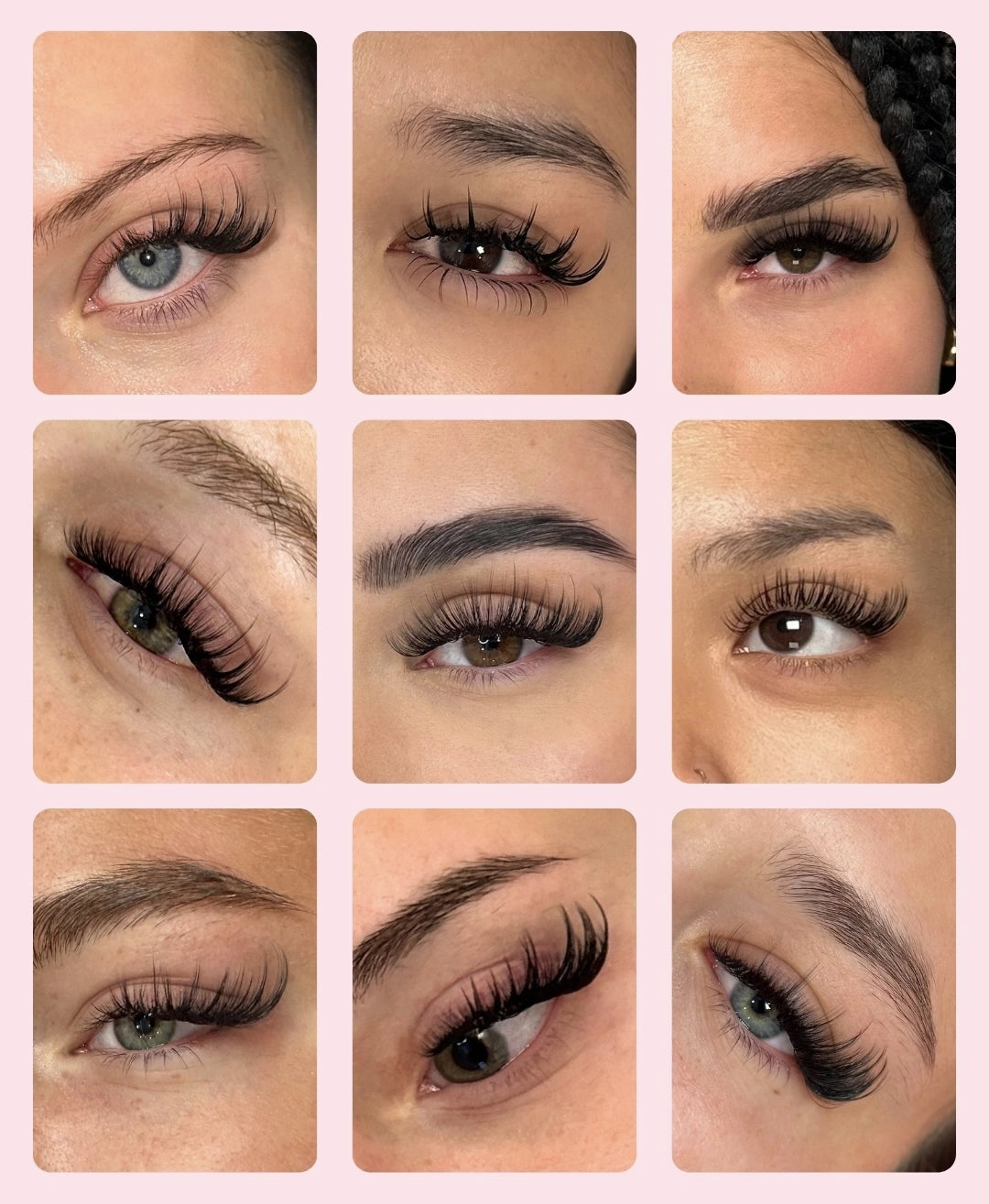 kolaż efektów stylizacji rzęs kurs przedłużania rzęs Wispy Kiki